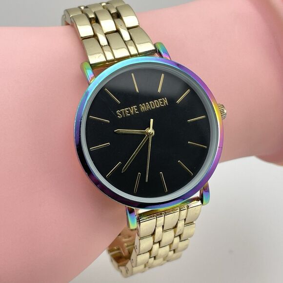 Steve Madden Women's Watch Rainbow Rim Gold Tone Metal Band Water Resistant 7" - Picture 1 of 8
